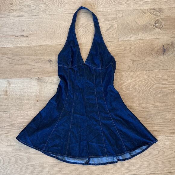 Zara Mini Dress Halter Neck Denim Size XS Blue - Picture 1 of 4